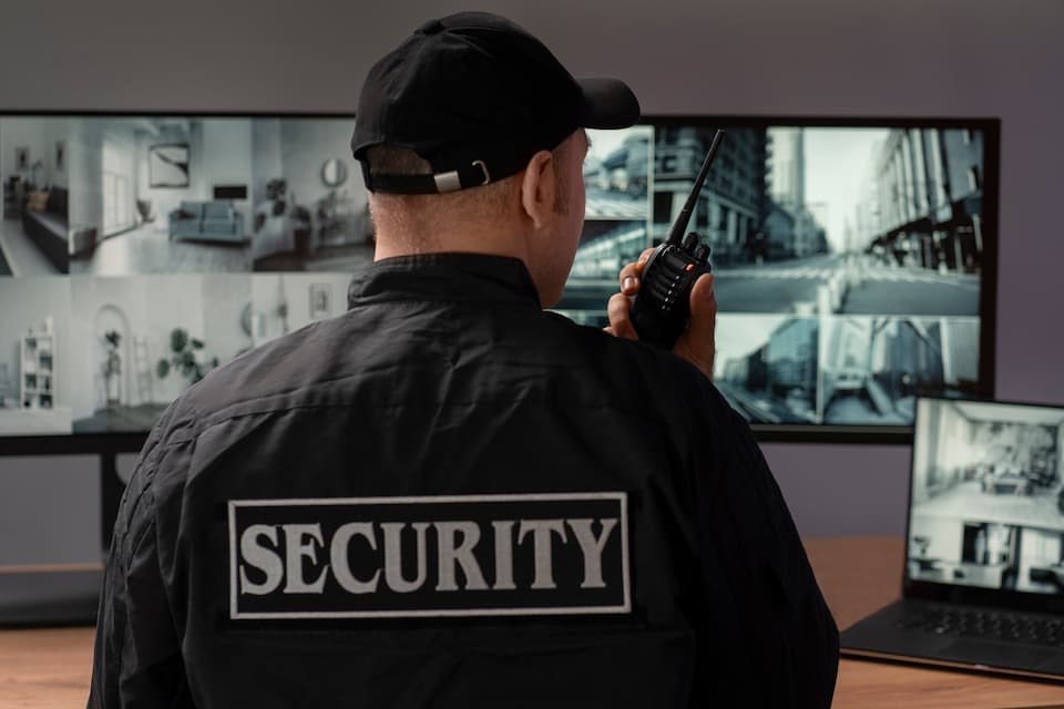 Wach- und Sicherheitsdienst: Porträt eines männlichen Sicherheitsbeamten mit Überwachungsbildschirmen